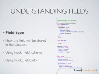 UNDERSTANDING FIELDS
                                 /**
                                  * Implements hook_field_schema().
                                  */
                                 function text_field_schema($field) {
                                   switch ($field['type']) {
                                     case 'text':
                                      $columns = array(
                                        'value' => array(
                                          'type' => 'varchar',

• Field   type                            'length' => $field['settings']['max_length'],
                                          'not null' => FALSE,
                                        ),
                                      );
                                      break;

• How  the ﬁeld will be stored   
                                      case 'text_long':
                                        
       ....

 in the database
                                       break;
                                     }
                                     $columns += array(
                                       'format' => array(
                                         'type' => 'varchar',
                                         'length' => 255,

• Using   hook_ﬁeld_schema             ),
                                         'not null' => FALSE,

                                     );
                                     return array(
                                       'columns' => $columns,

• Using   hook_ﬁeld_info               'indexes' => array(

                                       ),
                                         'format' => array('format'),

                                       'foreign keys' => array(
                                         'format' => array(
                                           'table' => 'filter_format',
                                           'columns' => array('format' => 'format'),
                                         ),
                                       ),
                                     );
 