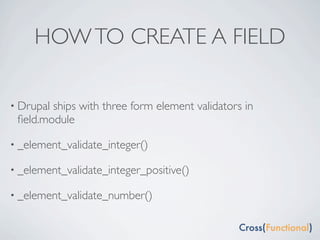 HOW TO CREATE A FIELD

• Drupalships with three form element validators in
 ﬁeld.module

• _element_validate_integer()

• _element_validate_integer_positive()

• _element_validate_number()
 