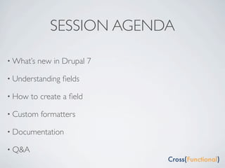 SESSION AGENDA

• What’s   new in Drupal 7

• Understanding   ﬁelds

• How   to create a ﬁeld

• Custom   formatters

• Documentation

• Q&A
 