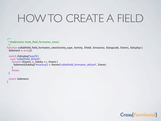 HOW TO CREATE A FIELD
/**
 * Implements hook_field_formatter_view().
 */
function collabfield_field_formatter_view($entity_type, $entity, $field, $instance, $langcode, $items, $display) {
  $element = array();

    switch ($display['type']) {
      case 'collabfield_default':
       foreach ($items as $delta => $item) {
         $element[$delta]['#markup'] = theme('collabfield_formatter_default', $item);
       }
       break;
    }

    return $element;
}
 