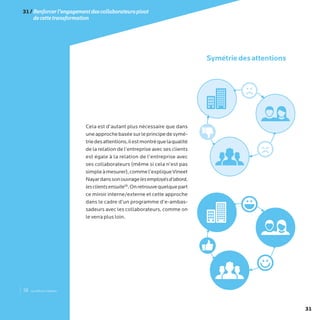31
Cela est d’autant plus nécessaire que dans
uneapprochebaséesurleprincipedesymé-
triedesattentions,ilestmontréquelaqualité
de la relation de l’entreprise avec ses clients
est égale à la relation de l’entreprise avec
ses collaborateurs (même si cela n’est pas
simpleàmesurer),commel’expliqueVineet
Nayardanssonouvragelesemployésd’abord,
lesclientsensuite18
.Onretrouvequelquepart
ce miroir interne/externe et cette approche
dans le cadre d’un programme d’e-ambas-
sadeurs avec les collaborateurs, comme on
le verra plus loin.
31/Renforcerl’engagementdescollaborateurspivot
decettetransformation
18 - Au éditions Diateino
Symétriedesattentions
 