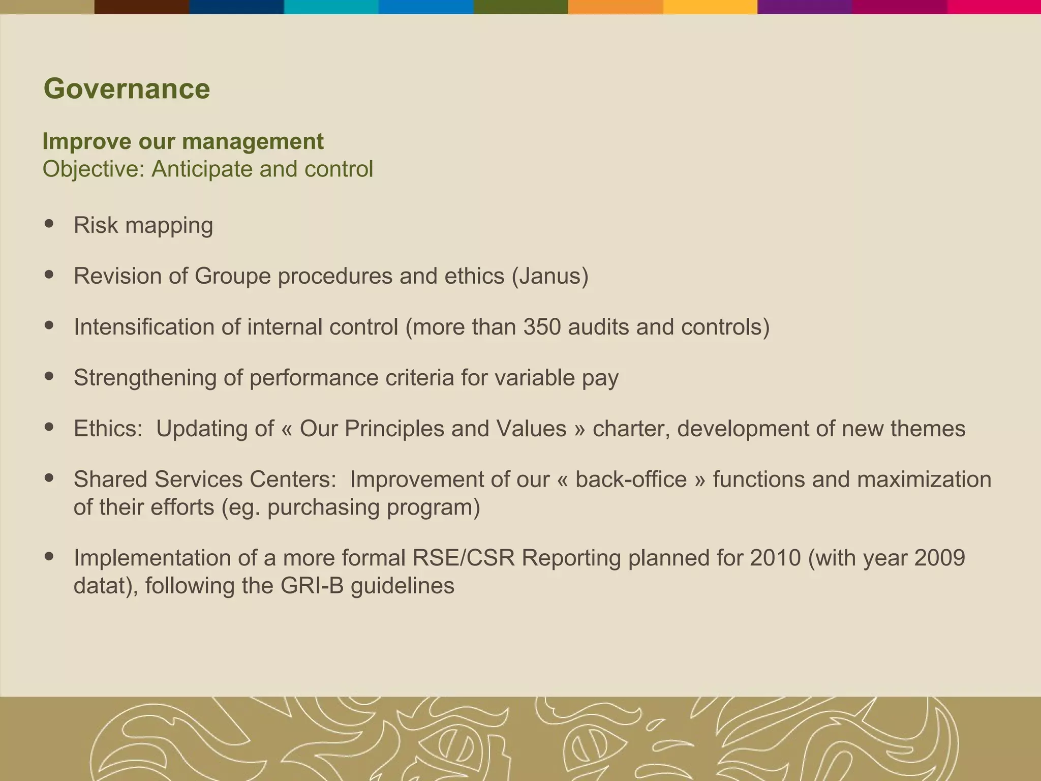 Governance Risk mapping Revision of Groupe procedures and ethics (Janus) Intensification of internal control (more than 350 audits and controls) Strengthening of performance criteria for variable pay Ethics:  Updating of « Our Principles and Values » charter, development of new themes Shared Services Centers:  Improvement of our « back-office » functions and maximization of their efforts (eg. purchasing program)  Implementation of a more formal RSE/CSR Reporting planned for 2010 (with year 2009 datat), following the GRI-B guidelines Improve our management Objective: Anticipate and control 