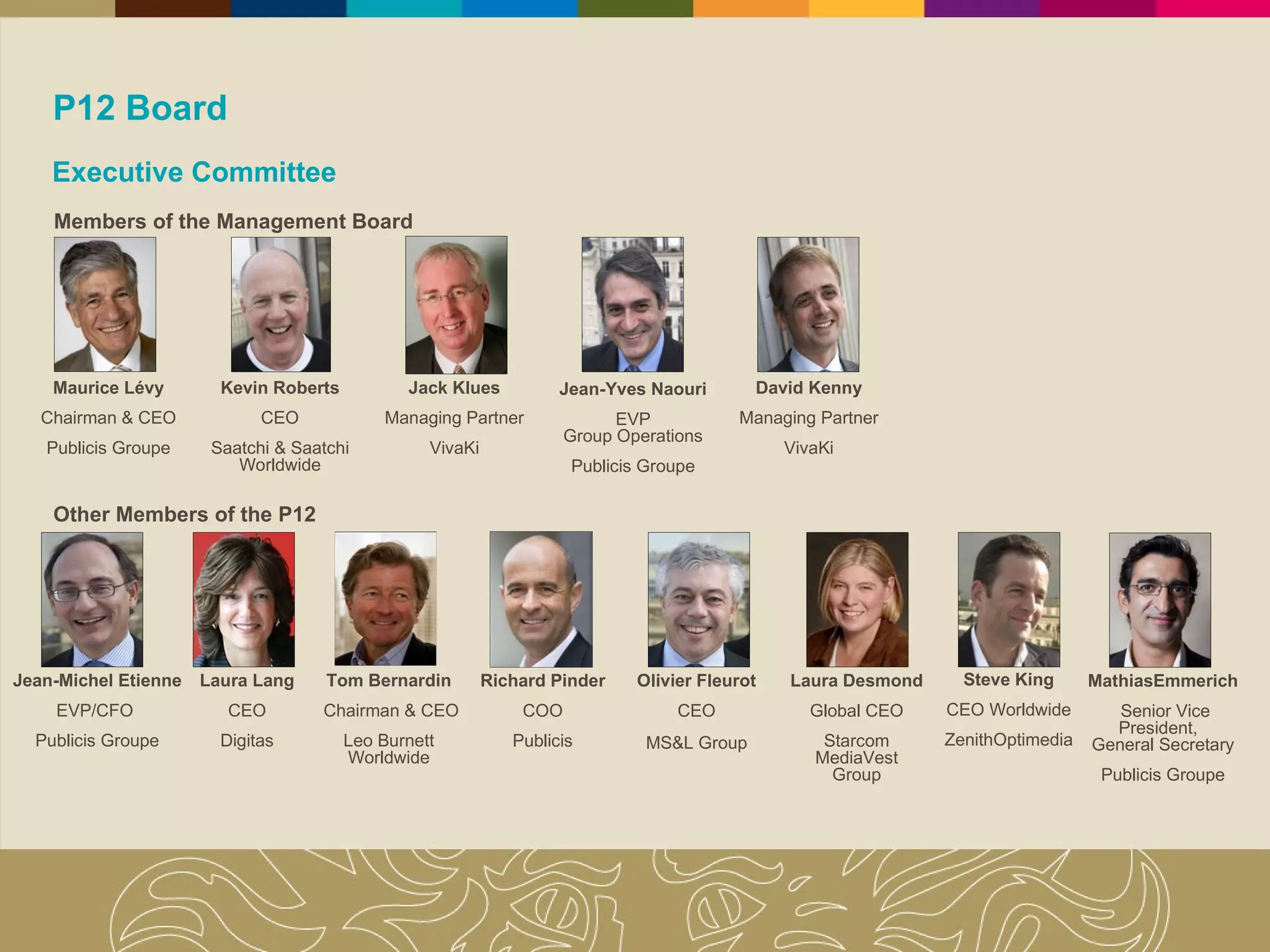 P12 Board Executive Committee Maurice Lévy Chairman & CEO Publicis Groupe Kevin Roberts CEO Saatchi & Saatchi Worldwide Jack Klues Managing Partner VivaKi Jean-Yves Naouri EVP Group Operations Publicis Groupe David Kenny Managing Partner VivaKi Jean-Michel Etienne EVP/CFO  Publicis Groupe Members of the Management Board Other Members of the P12 Laura Lang CEO Digitas Tom Bernardin Chairman & CEO Leo Burnett Worldwide Richard Pinder COO Publicis Steve King CEO Worldwide ZenithOptimedia Laura Desmond Global CEO Starcom MediaVest Group Olivier Fleurot CEO MS&L Group MathiasEmmerich Senior Vice President,  General Secretary Publicis Groupe 
