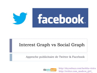 Interest Graph vs Social Graph

   Approche publicitaire de Twitter & Facebook



                           http://doyoubuzz.com/laetitia-vieira
                           http://twitter.com_modern_girl_
 