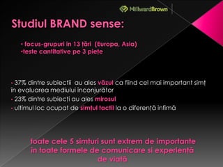 • focus-grupuri in 13 ţări (Europa, Asia)
    •teste cantitative pe 3 pieţe




• 37% dintre subiectii au ales văzul ca fiind cel mai important simţ
în evaluarea mediului înconjurător
• 23% dintre subiecţi au ales mirosul
• ultimul loc ocupat de simţul tactil la o diferenţă infimă




       toate cele 5 simţuri sunt extrem de importante
       în toate formele de comunicare si experienţă
                          de viaţă
 