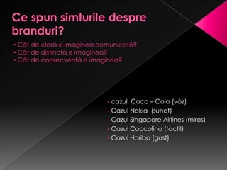 • Cât de clară e imaginea comunicată?
• Cât de distinctă e imaginea?
• Cât de consecventă e imaginea?




                            • cazul Coca – Cola (văz)
                            • Cazul Nokia (sunet)
                            • Cazul Singapore Airlines (miros)
                            • Cazul Coccolino (tactil)
                            • Cazul Haribo (gust)
 
