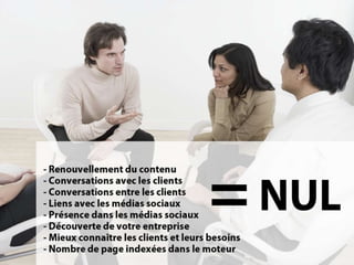 Sans conversation…
•   Renouvellement du contenu = nul
•   Conversations avec les clients = nulles
•   Conversations entre les clients = nulles
•   Liens avec les médias sociaux = nuls
•   Présence dans les médias sociaux = nulle
•   Découverte de votre entreprise = nulle
•   Mieux connaître les clients et leurs besoins = nul
•   Nombre de page indexées dans le moteur = nul
 