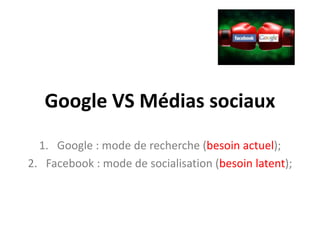 Google VS Médias sociaux
  1. Google : mode de recherche (besoin actuel);
2. Facebook : mode de socialisation (besoin latent);
 