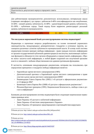 принятия решений 
Подотчетность депутатского корпуса городского совета 26,5 
Всего 100 
Для рейтингования муниципалитетов дополнительно использовалась интервальная шкала 
(«принцип светофора»), где города с рейтингом 0-40% классифицируются как непубличные, 
41-60% - низкий уровень публичности, 61-80% - удовлетворительный уровень публичности, 
81-100% - публичные города. Такой подход более корректно демонстрирует реальный 
уровень публичности муниципалитета. 
0 – 40% 41 – 60% 61 – 80% 81 – 100% 
Что послужило нормативной базой для конструирования системы индикаторов? 
Индикаторы и оценочные вопросы разрабатывались на основе положений украинского 
законодательства, международных демократических стандартов и успешных практик, ка- 
сающихся различных аспектов публичности муниципальной власти. В основу всей системы 
индикаторов положен принцип свободы информации - право граждан получать информацию 
от органов государственной публичной администрации (и институтов, выполняющих публич- 
ные функции) и обязанности этих органов обнародовать и предоставлять информацию. «Пра- 
во знать» касается всей информации, в любой форме созданной или полученной органами 
власти и связанной с любыми общественными или административными функциями. 
В частности, ключевыми международными документами, которыми мы пользовались при 
определении принципов и стандартов свободы информации является: 
- Европейская хартия местного самоуправления (1985) 
- Дополнительный протокол к Европейской хартии местного самоуправления о праве 
участия в делах органа местного самоуправления (2009)3 
- Рекомендации Совета Европы Rec (2002) 2 «О доступе к официальным документам» 
от 21 февраля 20024 
- Конвенция Совета Европы Rec (2008) «О доступе к официальным документам»5. 
- Йоханнесбургские принципы (1995). Национальная безопасность, свобода слова и до- 
ступ к информации 6 
Базовыми для конструирования системы индикаторов были следующие национальные норма- 
тивно-правовые акты: 
- Закон Украины «О доступе к публичной информации» 
- Закон Украины «О местном самоуправлении в Украине» 
- Закон Украины «О принципах предотвращения и противодействия коррупции» 
3 Режим доступа: http://zakon1.rada.gov.ua/laws/show/994_b49/paran2#n2 
4 Режим доступа: http://zakon2.rada.gov.ua/laws/show/994_a33 
5 Режим доступа: 
http://crimecor.rada.gov.ua/komzloch/control/uk/publish/article;jsessionid=DD394411BA1FD129A5209C55F2D68391 
?art_id=49046&cat_id=46352 
6 Режим доступа: http://library.khpg.org/index.php?id=944255597 
8 
 