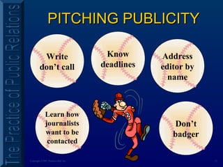 13Copyright ©2001 Prentice Hall, Inc.
PITCHING PUBLICITYPITCHING PUBLICITY
Learn how
journalists
want to be
contacted
Write
don’t call
Know
deadlines
Address
editor by
name
Don’t
badger
 