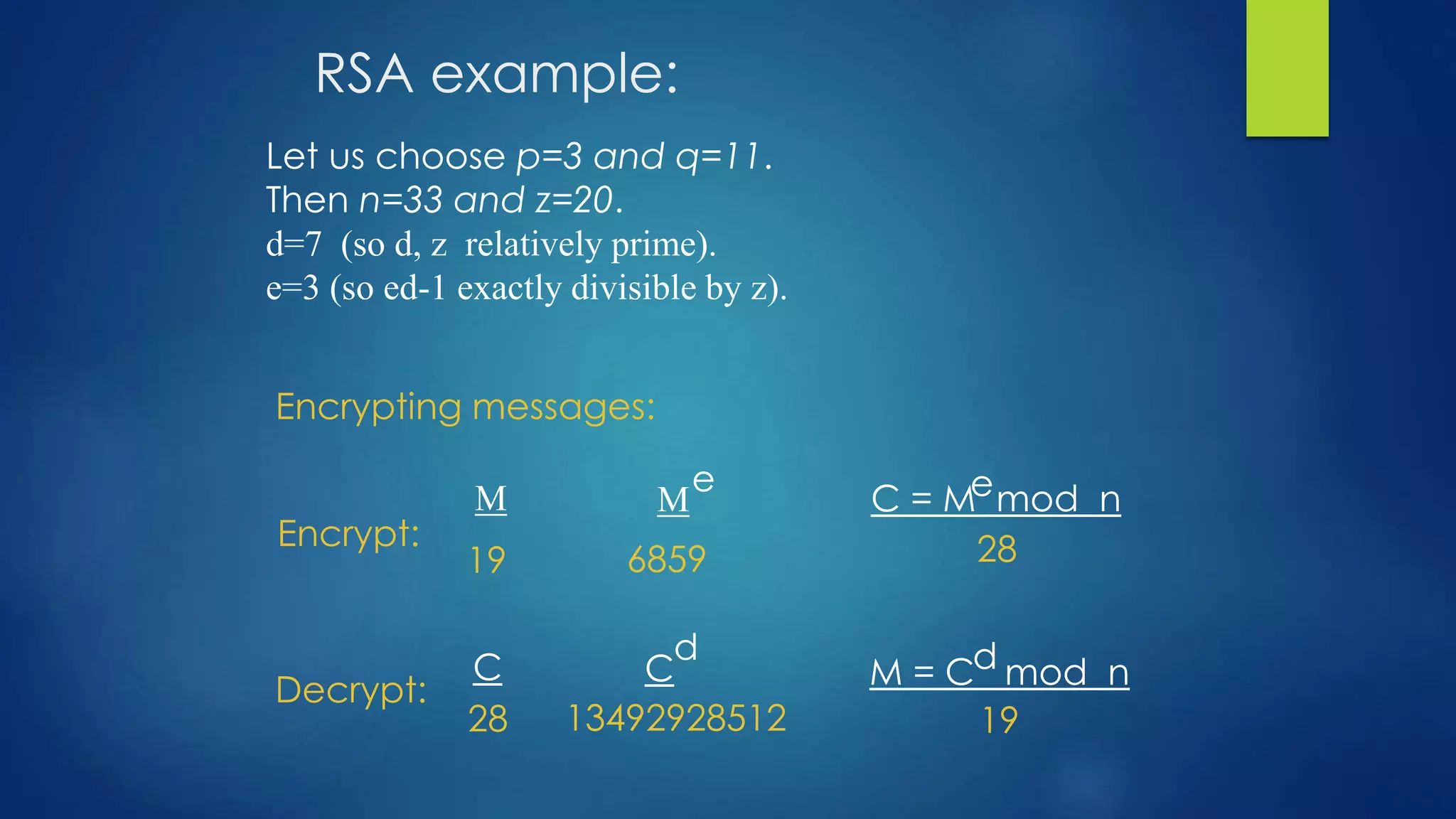 RSA example: 
Let us choose p=3 and q=11. 
Then n=33 and z=20. 
d=7 (so d, z relatively prime). 
e=3 (so ed-1 exactly divisible by z). 
Encrypting messages: 
M M 
e 
C = Me mod n 
19 6859 28 
d 
C C 
M = Cd mod n 
28 13492928512 19 
Encrypt: 
Decrypt: 
 