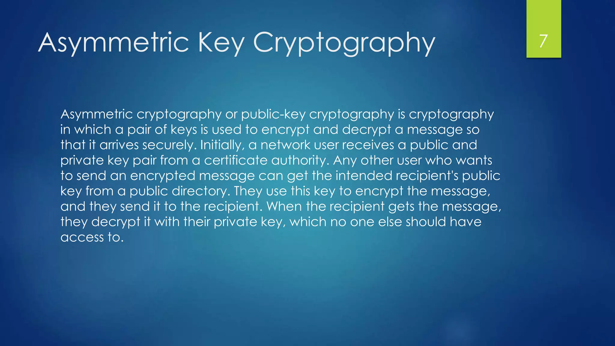 Asymmetric Key Cryptography 
Asymmetric cryptography or public-key cryptography is cryptography 
in which a pair of keys is used to encrypt and decrypt a message so 
that it arrives securely. Initially, a network user receives a public and 
private key pair from a certificate authority. Any other user who wants 
to send an encrypted message can get the intended recipient's public 
key from a public directory. They use this key to encrypt the message, 
and they send it to the recipient. When the recipient gets the message, 
they decrypt it with their private key, which no one else should have 
access to. 
7 
 