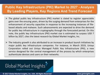 © 2017 Global Market Insights, Inc. USA. All Rights Reserved
Public Key Infrastructure (PKI) Market to 2027 - Analysis
By Leading Players, Key Regions And Trend Forecast
www.gminsights.com
 The global public key infrastructure (PKI) market is slated to register appreciable
gains over the ensuing years, driven by the surging demand from enterprises for the
enhancement of security capacities in response to the increasing instances of file-
based attacks and malware. Such advancements are expected to drive the demand
for public key infrastructure in cryptography through the forecasted period. On this
note, the public key infrastructure (PKI) market size is estimated to surpass USD 7
billion by 2027, cites the latest research by Global Market Insights, Inc.
 The industry growth is also attributed to an increase in product launch initiatives by
major public key infrastructure companies. For instance, in March 2019, Unisys
Corporation rolled out Unisys Managed Public Key Infrastructure (PKI), a new
service designed for the central management of the process by which enterprises
authenticate devices and users on their networks.
 