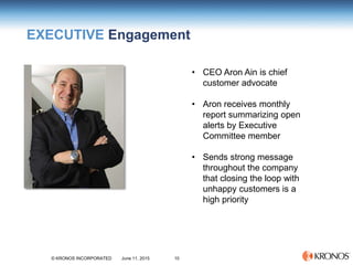 10© KRONOS INCORPORATED June 11, 2015
EXECUTIVE Engagement
• CEO Aron Ain is chief
customer advocate
• Aron receives month...