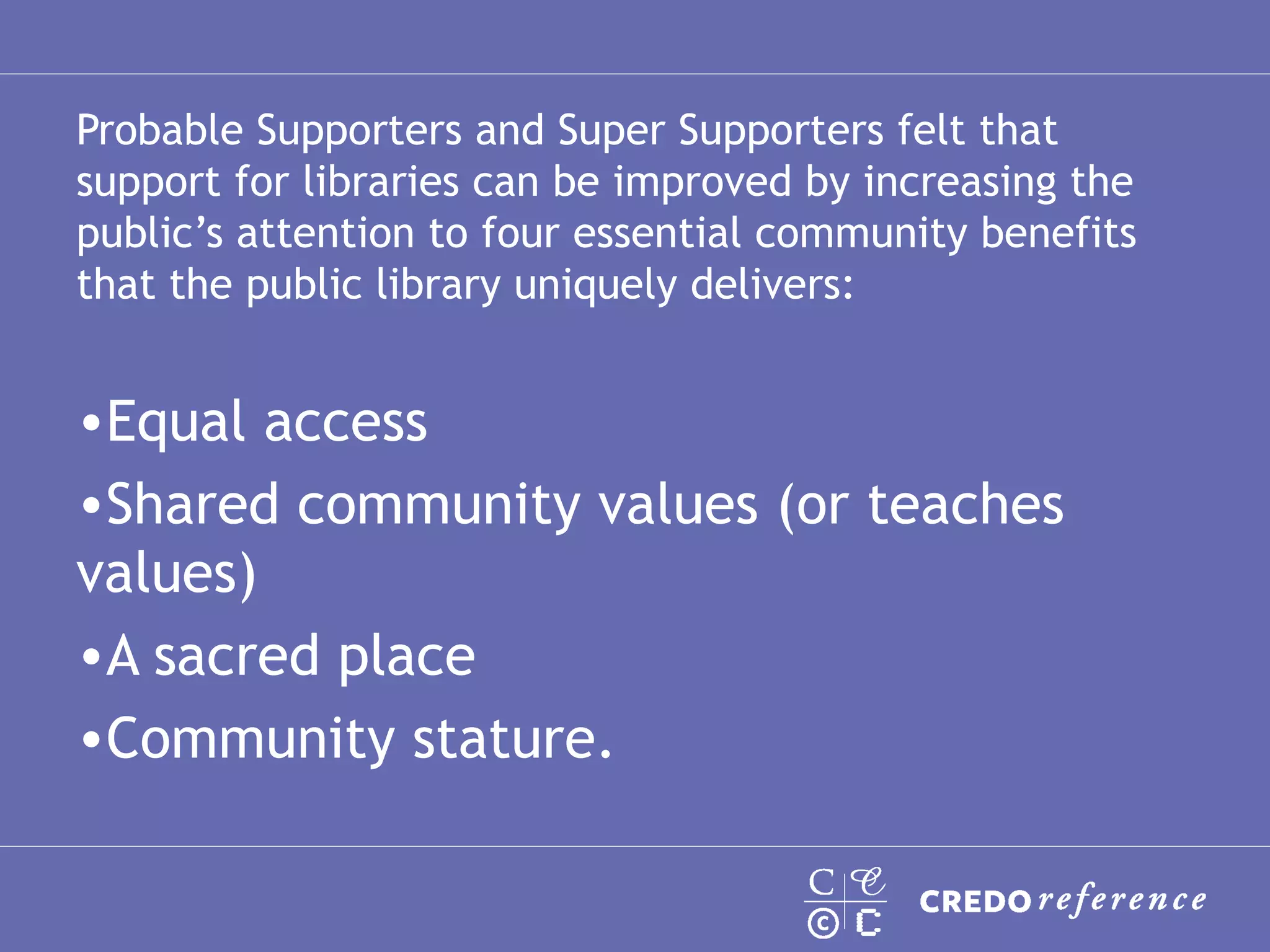 Probable Supporters and Super Supporters felt that support for libraries can be improved by increasing the public’s attention to four essential community benefits that the public library uniquely delivers:  Equal access  Shared community values (or teaches values)  A sacred place  Community stature.  