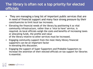 They are managing a long list of important public services that are in need of financial support and many face strong pressure by their  constituencies to limit local tax increases.  Elevating the financial needs of the library by positioning it as vital community infrastructure, rather than a ‘nice to have’ service, is required. As local officials weigh the costs and benefits of increasing taxes or allocating funds, the profile and value of the library relative to other services must be increased.  Engaging community support from the most likely library financial supporters can be an important factor in elevating this discussion.  Engaging the support of Super Supporters and Probable Supporters to increase the attention of their elected officials on tax support for libraries is essential.  