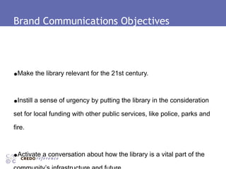 Brand Communications Objectives Make the library relevant for the 21st century. Instill a sense of urgency by putting the library in the consideration set for local funding with other public services, like police, parks and fire. Activate a conversation about how the library is a vital part of the community’s infrastructure and future. 
