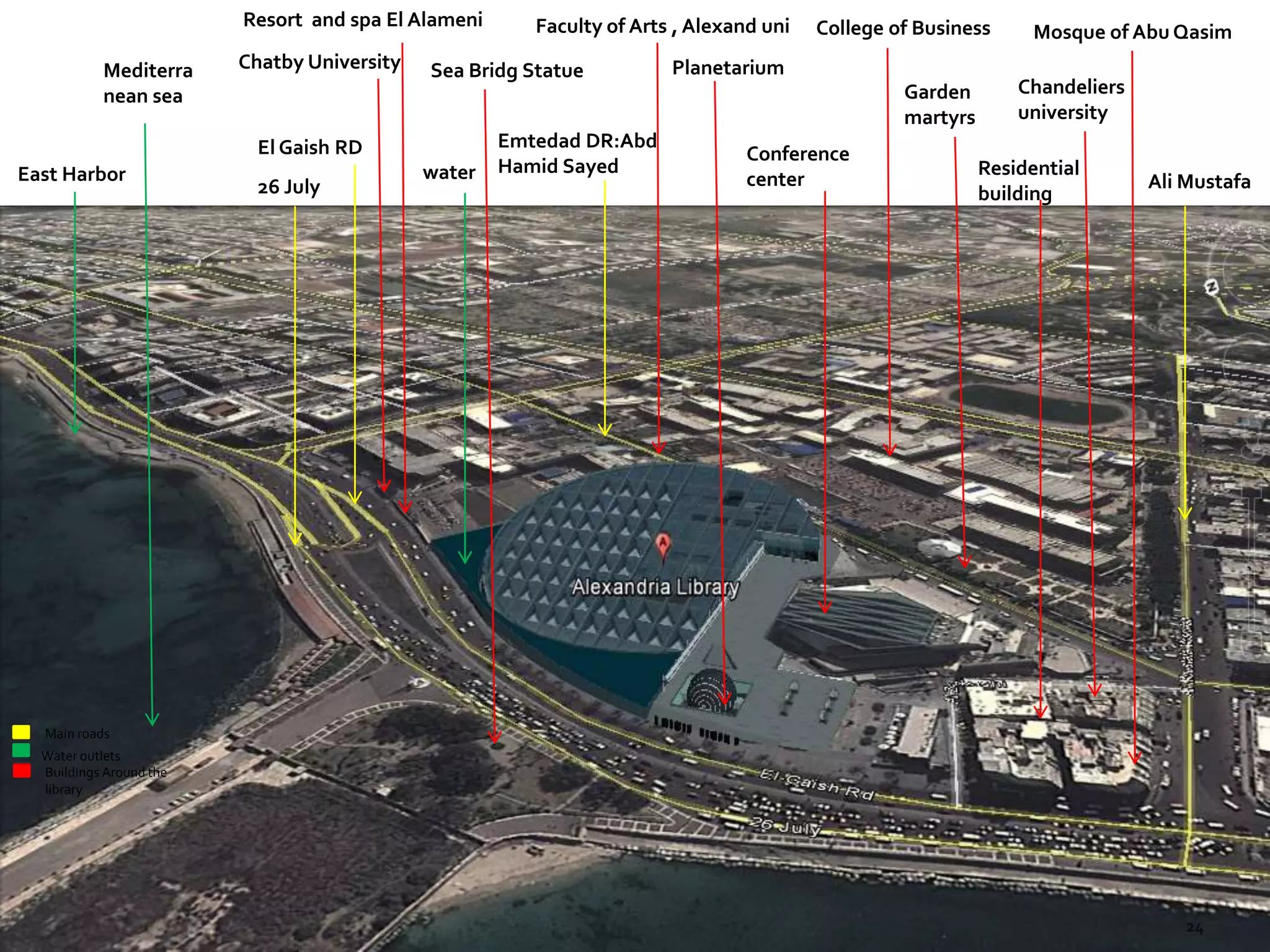 Emtedad DR:Abd
Hamid Sayed
26 July
El Gaish RD
Ali Mustafa
Sea Bridg Statue Planetarium
Mosque of Abu Qasim
Chandeliers
university
Chatby University
Resort and spa El Alameni Faculty of Arts , Alexand uni College of Business
Garden
martyrs
Mediterra
nean sea
East Harbor water Residential
building
Conference
center
Main roads
Water outlets
Buildings Around the
library
 