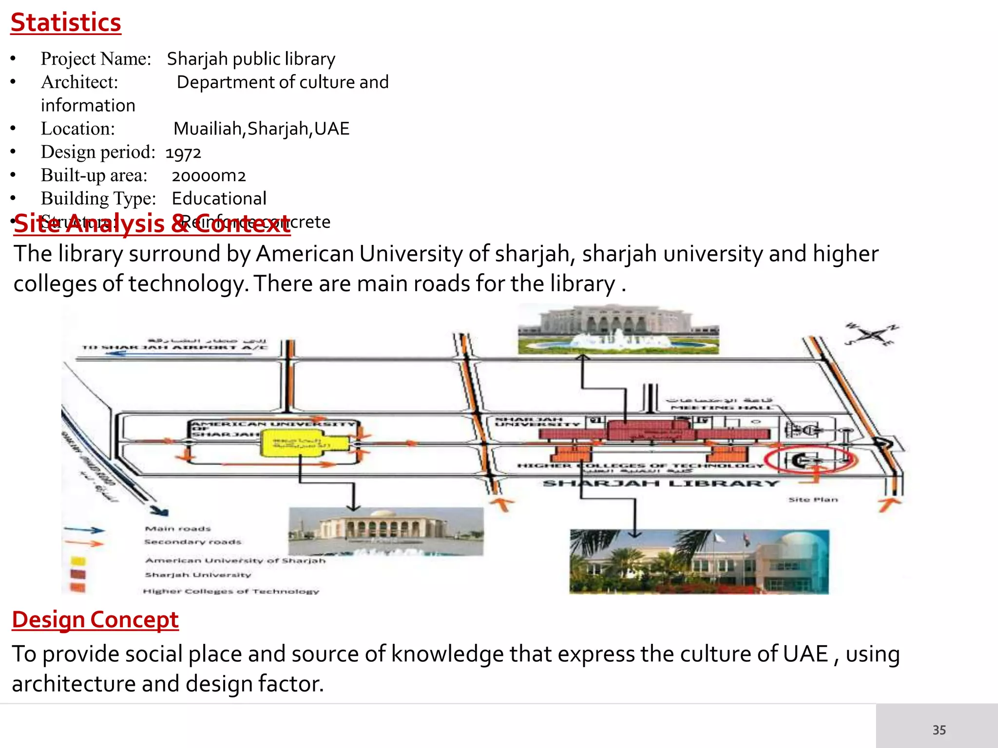 Statistics
• Project Name: Sharjah public library
• Architect: Department of culture and
information
• Location: Muailiah,Sharjah,UAE
• Design period: 1972
• Built-up area: 20000m2
• Building Type: Educational
• Structure: Reinforce concreteSite Analysis & Context
The library surround by American University of sharjah, sharjah university and higher
colleges of technology.There are main roads for the library .
Design Concept
To provide social place and source of knowledge that express the culture of UAE , using
architecture and design factor.
 