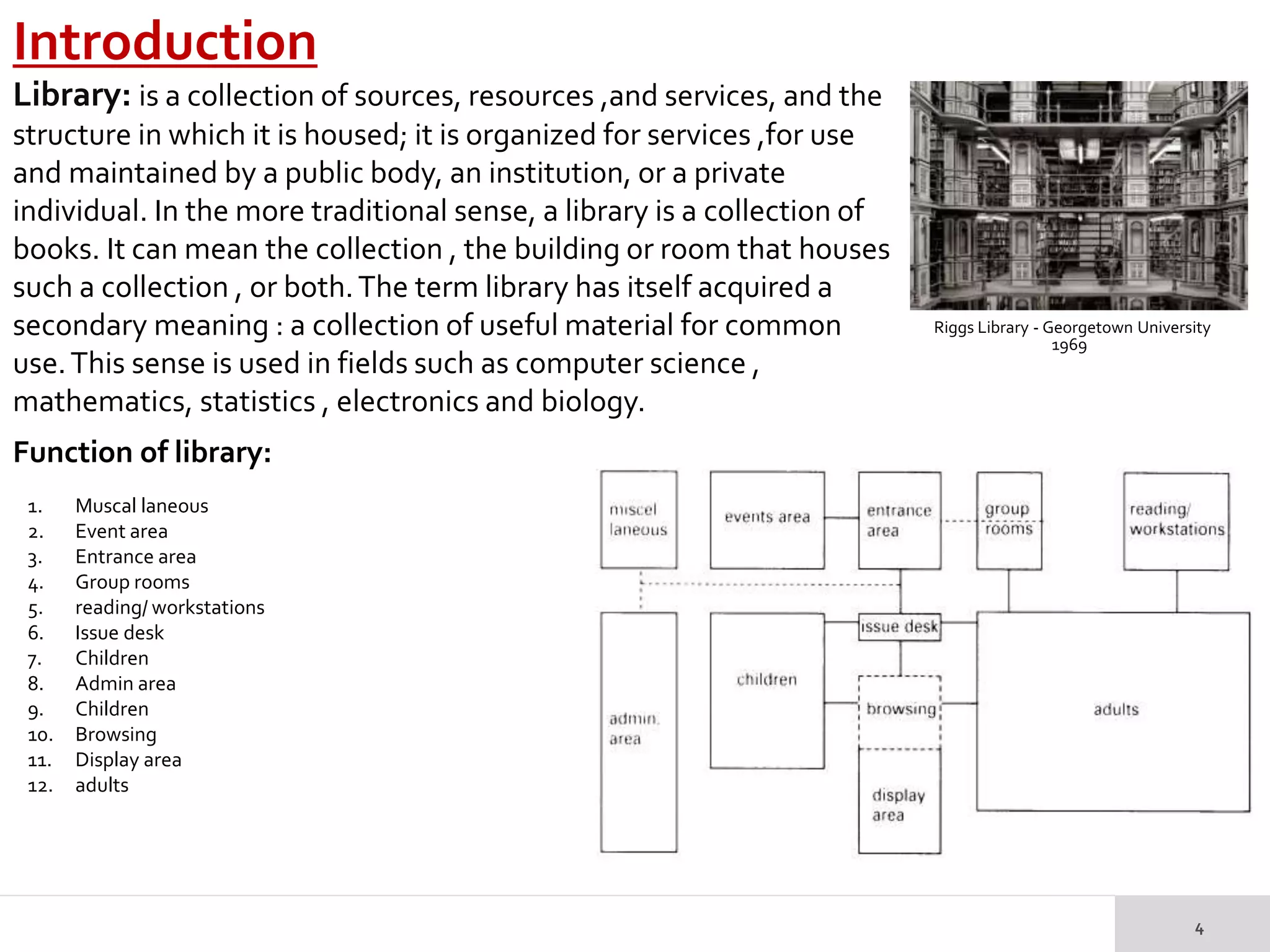 Introduction
Library: is a collection of sources, resources ,and services, and the
structure in which it is housed; it is organized for services ,for use
and maintained by a public body, an institution, or a private
individual. In the more traditional sense, a library is a collection of
books. It can mean the collection , the building or room that houses
such a collection , or both.The term library has itself acquired a
secondary meaning : a collection of useful material for common
use.This sense is used in fields such as computer science ,
mathematics, statistics , electronics and biology.
Function of library:
1. Muscal laneous
2. Event area
3. Entrance area
4. Group rooms
5. reading/ workstations
6. Issue desk
7. Children
8. Admin area
9. Children
10. Browsing
11. Display area
12. adults
Riggs Library - Georgetown University
1969
 