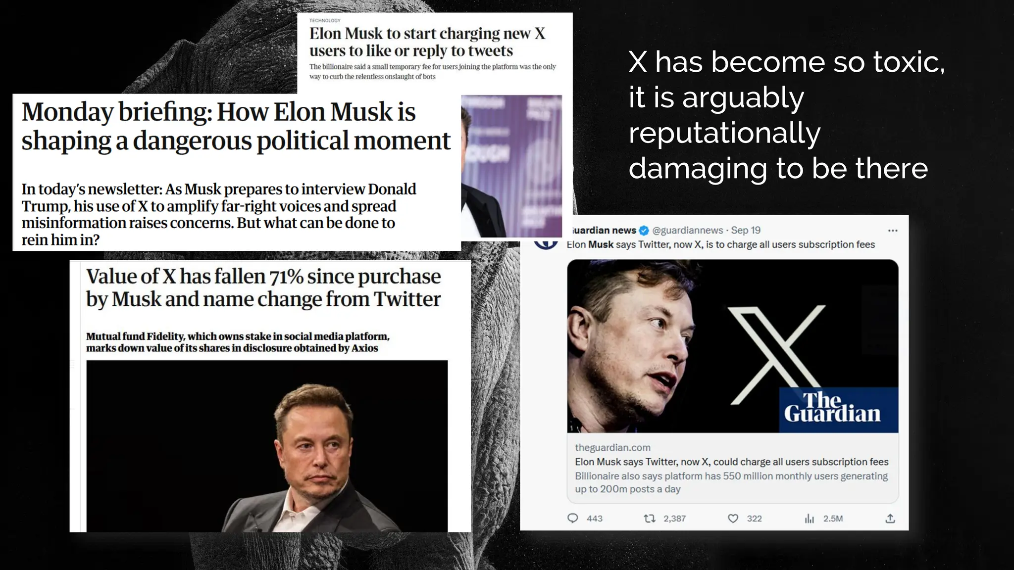 X has become so toxic,
it is arguably
reputationally
damaging to be there
 