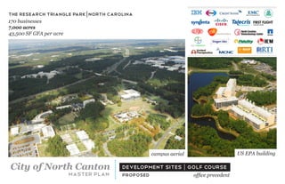 the research triangle park north carolina
170 businesses
7,000 acres
43,500 SF GFA per acre




                                                  campus aerial                      US EPA building

City of North Canton                   development sites | golf course
                         master plan   proposed                   office precedent
 