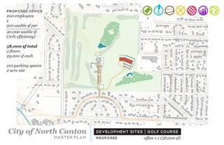 Proposed office
200 employees
                                                     +
                                                     +
x
200 usable sf per
40,000 usable sf
(70% efficiency)

58,000 sf total
2 floors
29,000 sf each

210 parking spaces
2 acre site




City of North Canton               development sites | golf course
                     master plan   proposed          office v.1 (58,000 sf)
 