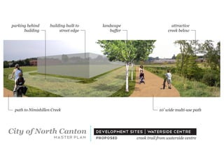 parking behind      building built to     landscape                       attractive
      building           street edge          buffer                    creek below




 path to Nimishillen Creek                                         10’ wide multi-use path




City of North Canton                    development sites | waterside centre
                      master plan       proposed       creek trail from waterside centre
 