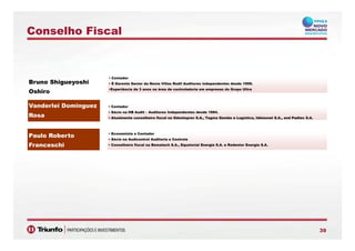 Conselho Fiscal
• Contador
• É Gerente Senior da Nexia Villas Rodil Auditores independentes desde 1999.
•Experiência de 3 anos na área de controladoria em empresas do Grupo Ultra
Bruno Shigueyoshi
Oshiro
• Contador
• Sócio na HB Audit – Auditores Independentes desde 1994.
• Atualmente conselheiro fiscal na Odontoprev S.A., Tegma Gestão e Logística, Idéiasnet S.A., and Padtec S.A.
Vanderlei Dominguez
Rosa
• Economista e Contador
• Sócio na Audicontrol Auditoria e Controle
• Conselheiro fiscal na Bematech S.A., Equatorial Energia S.A. e Redentor Energia S.A.
Paulo Roberto
Franceschi
3939
 