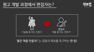 ‘좋은 책을 만들자!’는 공동의 목표를 추구하는 한 팀!
저자
기술을 잘 아는 전문가
편집자
책을 잘 아는 전문가
원고 개발 과정에서 편집자는?
 