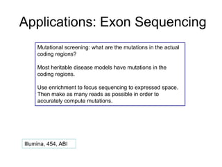 Applications: Exon Sequencing
Mutational screening: what are the mutations in the actual
coding regions?
Most heritable disease models have mutations in the
coding regions.
Use enrichment to focus sequencing to expressed space.
Then make as many reads as possible in order to
accurately compute mutations.
Illumina, 454, ABI
 