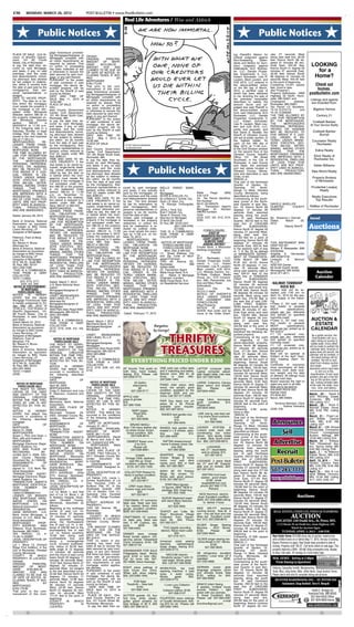 C10        MONDAY, MARCH 26, 2012                              POST-BULLETIN • www.PostBulletin.com

                                                                                               Real Life Adventures / Wise and Aldrich

                     Public Notices                                                                                                                                                                                  Public Notices
                                gage foreclosure proceed-
PLACE OF SALE: Civil Di-        ing Mortgagee/Assignee of                                                                                                                                      ing Plaintiff's Motion for        utes 27 seconds West
vision of Sheriff's Depart-                                    Olmsted                                                                                                                         Default Judgment against          along said east line, 32.00
                                Mortgagee complied with        ORIGINAL         PRINCIPAL
ment, 101 SE Fourth             all notice requirements as                                                                                                                                     Non-Answering            Defen-   feet; thence North 88 de-
Street, City of Rochester                                      AMOUNT        OF     MORT-                                                                                                      dants and Motion for Sum-         grees 31 minutes 40 sec-
to pay the debt then se-
cured by said Mortgage,
                                required by statute; That
                                no action or proceeding
                                                               GAGE:
                                                               AMOUNT
                                                                           $210,000.00
                                                                              DUE     AND
                                                                                                                                                                                               mary Judgment against             onds East, 454.40 feet;
                                                                                                                                                                                                                                 thence South 01 degree 00
                                                                                                                                                                                                                                                                         LOOKING
                                                                                                                                                                                               Defendants SLD Roches-
and taxes, if any, on said
premises, and the costs
                                has been instituted at law
                                or otherwise to recover the
                                                               CLAIMED TO BE DUE AS
                                                               OF DATE OF NOTICE, IN-                                                                                                          ter, LLC, Danate Proper-          minutes 27 seconds East,
                                                                                                                                                                                                                                 32.00 feet; thence South
                                                                                                                                                                                                                                                                           for a
                                                                                                                                                                                               ties Investments II, LLC,
and disbursements, includ-
ing attorneys' fees allowed
                                debt secured by said mort-
                                gage, or any part thereof;
                                                               CLUDING TAXES, IF ANY,
                                                               PAID                     BY                                                                                                     Hubert Schneider, Lisa R.         88 degrees 31 minutes 40
                                                                                                                                                                                                                                 seconds West, 454.40 feet
                                                                                                                                                                                                                                                                          Home?
                                PURSUANT to the power          MORTGAGEE:                                                                                                                      Leutem, Mark Leutem, and
by law subject to redemp-       of sale contained in said                                                                                                                                      HJS 2010, LLC entered in          to the point of beginning.
tion within 6 months from       mortgage, the above de-
                                                               $184,713.84
                                                               That prior to the com-                                                                                                          the above-entitled action         Containing 14,541 square                 Check out
the date of said sale by the                                                                                                                                                                                                     feet, more or less.
mortgagor(s), their per-
                                scribed property will be
                                sold by the Sheriff of said
                                                               mencement of this mort-                                                                                                         on the 8th day of March,
                                                                                                                                                                                               2012, a certified copy of         (the “Property”).                         homes.
                                                               gage foreclosure proceed-
sonal representatives or
assigns.
                                county as follows:             ing Mortgagee/Assignee of                                                                                                       which has been delivered          Property Addresses: 4909              postbulletin.com
                                DATE AND TIME OF               Mortgagee complied with                                                                                                         to me, directing the sale of      Highway 52 North, Roch-
DATE TO VACATE PROP-            SALE: May 11, 2012 at                                                                                                                                          the premises hereinafter          ester, MN 55901 and
ERTY: The date on or be-                                       all notice requirements as                                                                                                                                                                               Listings and agents
                                10:00 AM                                                                                                                                                       described to satisfy the          Unassigned          address,
fore which the mortgagor                                       required by statute; That
                                                                                                                                                                                                                                 Rochester, MN 55901                     are included from:
                                PLACE OF SALE:                 no action or proceeding                                                                                                         amount found and ad-
must vacate the property if     Olm-                                                                                                                                                           judged due said Plaintiff in      Tax Parcel I.D. Numbers:
the mortgage is not rein-                                      has been instituted at law                                                                                                                                                                                  Bigelow Homes
                                sted County Government         or otherwise to recover the                                                                                                     the above-entitled action         74.16.13.075712          and
stated under Minnesota          Center, Civil Department,                                                                                                                                      from said Defendants SLD          74.16.13.056265
Statutes section 580.30 or                                     debt secured by said mort-
                                101 4th Street South East,     gage, or any part thereof;                                                                                                      Rochester, LLC, Danate            THE TIME ALLOWED BY                          Century 21
the property redeemed un-       Rochester, MN                                                                                                                                                  Properties Investments II,        LAW FOR REDEMPTION
der Minnesota Statutes                                         PURSUANT to the power
                                to pay the debt then se-       of sale contained in said                                                                                                       LLC, Hubert Schneider,            BY THE MORTGAGOR,                        Coldwell Banker
section       580.23       is   cured by said Mortgage,                                                                                                                                        Lisa R. Leutem, Mark Leu-         THE         MORTGAGOR'S
09/23/2012 at 11:59 p.m.                                       mortgage, the above de-                                                                                                                                                                                  At Your Service Realty
                                and taxes, if any, on said     scribed property will be                                                                                                        tem and HJS 2010, LLC,            PERSONAL REPRESEN-
If the foregoing date is a      premises, and the costs                                                                                                                                        jointly and severally; and        TATIVES OR ASSIGNS
Saturday, Sunday or legal                                      sold by the Sheriff of said
                                and disbursements, includ-     county as follows:                                                                                                              that David E. Mueller, the        MAY BE REDUCED TO                        Coldwell Banker
holiday, then the date to       ing attorneys' fees allowed                                                                                                                                    Sheriff of Olmsted County         FIVE WEEKS IF A JUDI-                        Burnet
vacate is the next business                                    DATE AND TIME OF
                                by law subject to redemp-      SALE: May 4, 2012 at                                                                                                            will sell at public auction, to   CIAL ORDER IS EN-
day at 11:59 p.m.               tion within six (6) months                                                                                                                                     the highest bidder, for           TERED UNDER MINNE-
MORTGAGOR(S)            RE-                                    10:00 AM                                                                                                                                                                                                   Counselor Realty
                                from the date of said sale     PLACE OF SALE:                                                                                                                  cash, on the 18th day of          SOTA STATUTES, SEC-                        Rochester
LEASED FROM FINAN-              by the mortgagor(s), their                                                                                                                                                                       TION 582.032, DETER-
CIAL OBLIGATION ON                                             Olm-                                                                                                                            May, 2012, at 11:00 a.m.,
                                personal representatives or    sted County Government                                                                                                          at the Civil Division window      MINING, AMONG OTHER
MORTGAGE: NONE                  assigns unless reduced to                                                                                                                                                                        THINGS,       THAT      THE                 Edina Realty
THE TIME ALLOWED BY                                            Center, Civil Department,                                                                                                       on the second floor of the
                                Five (5) weeks under MN        101 4th Street South East,                                                                                                      Olmsted County Sheriff's          MORTGAGED PREMISES
LAW FOR REDEMPTION              Stat. §580.07.                                                                                                                                                                                   ARE IMPROVED WITH A                        Elcor Realty of
BY THE MORTGAGOR,                                              Rochester, MN                                                                                                                   Office, 101        4th Street
                                TIME AND DATE TO VA-           to pay the debt then se-                                                                                                        Southeast, in the City of         RESIDENTIAL DWELLING                       Rochester Inc.
THE         MORTGAGOR’S         CATE PROPERTY: If the                                                                                                                                                                            OF LESS THAN FIVE
PERSONAL REPRESEN-                                             cured by said Mortgage,                                                                                                         Rochester, in said County
                                real estate is an owner-oc-

                                                                                                                   Public Notices
TATIVES OR ASSIGNS,                                            and taxes, if any, on said                                                                                                      and State, the premises           UNITS, ARE NOT PROP-                       Keller Williams
                                cupied, single-family dwell-   premises, and the costs                                                                                                         and real estate located in        ERTY USED IN AGRICUL-
MAY BE REDUCED TO               ing, unless otherwise pro-
FIVE WEEKS IF A JUDI-                                          and disbursements, includ-                                                                                                      Olmsted County, Minne-            TURAL        PRODUCTION,                New World Realty
                                vided by law, the date on      ing attorneys' fees allowed                                                                                                     sota and described in said        AND ARE ABANDONED.
CIAL ORDER IS EN-               or before which the mort-
TERED UNDER MINNE-                                             by law subject to redemp-                                                                                                       Order, to-wit:                                                             Property Brokers
                                gagor(s) must vacate the       tion within six (6) months                                                                                                      PARCEL A
SOTA STATUTES SEC-              property if the mortgage is                                                                                                                                                                                                                 of Minnesota
TION 582.032, DETER-                                           from the date of said sale                                                                                                      That part of the Northeast
                                not reinstated under sec-      by the mortgagor(s), their                                                                                                      Quarter of Section 16,
MINING, AMONG OTHER             tion 580.30 or the property
THINGS,       THAT      THE                                    personal representatives or    cured by said mortgage         WELLS FARGO BANK,                                                 Township        107      North,                                           Prudential Lovejoy
                                is not redeemed under          assigns unless reduced to      and taxes, if any actually     N.A.                                                              Range 14 West, Olmsted                                                         Realty
MORTGAGED PREMISES              section 580.23 is 11:59
ARE IMPROVED WITH A                                            Five (5) weeks under MN        paid by the mortgagee, on      Mortgagee                         Wells      Fargo        (800)   County, Minnesota, being
                                p.m. on November 12,           Stat. §580.07.                 the premises and the costs     REITER & SCHILLER, P.A.           416-1472                        described as follows:
RESIDENTIAL         DWELL-      2012, unless the redemp-       TIME AND DATE TO VA-                                                                            (5) Tax Parcel Identifica-
                                                                                                                                                                                                                                                                         Realty Executives
ING OF LESS THAN FIVE           tion period is reduced to 5
                                                                                              and disbursements allowed      By:/s/Rebecca F. Schiller, Esq.                                   Commencing at the south-                                                    Top Results!
UNITS, ARE NOT PROP-                                           CATE PROPERTY: If the          by law. The time allowed       Sarah J.B. Adam, Esq.             tion Number                     west corner of the North-
                                weeks under MN Stat.           real estate is an owner-oc-    by law for redemption by         N. Kibongni Fondungallah,       64-01-33-005376                                                   DAVID E. MUELLER
ERTY USED IN AGRICUL-           Secs. 580.07 or 582.032.                                                                                                                                       east Quarter of said Sec-
TURAL        PRODUCTION,                                       cupied, single-family dwell-   said mortgagor(s), their       Esq.                              (6)    Transaction Agent’s      tion 16; thence North 88          OLMSTED        COUNTY                 ReMax of Rochester
                                MORTGAGOR(S)            RE-    ing, unless otherwise pro-     personal representatives or    James J. Pauly, Esq.              Mortgage      ID     Number                                       SHERIFF
AND ARE ABANDONED.              LEASED FROM FINAN-                                                                                                                                             degrees 14 minutes 06
                                                               vided by law, the date on      assigns is six (6) months      Brian F. Kidwell, Esq.            (MERS number)                   seconds East, assumed
                                CIAL OBLIGATION ON             or before which the mort-      from the date of sale.         Steven R. Pennock, Esq.           none
Dated: January 26, 2012         MORTGAGE:None                                                                                                                                                  bearing, along the south
                                                               gagor(s) must vacate the       Unless said mortgage is        Attorneys for Mortgagee           (2/20, 2/27, 3/5, 3/12, 3/19,   line of said Northeast            By: Roxanne L. Darnell                 local
                                "THE TIME ALLOWED BY           property if the mortgage is    reinstated or the property     25 North Dale Street              3/26)                                                             Dated:    March        20,
Bank of America, National       LAW FOR REDEMPTION                                                                                                                                             Quarter, 263.53 feet to the
Association as successor                                       not reinstated under sec-      redeemed, or unless the        St. Paul, MN 55102-2227                                           east line of CAVILIMA             2012
by merger to BAC Home
Loans Servicing, LP
                                BY THE MORTGAGOR,
                                THE        MORTGAGOR'S
                                PERSONAL REPRESEN-
                                                               tion 580.30 or the property
                                                               is not redeemed under
                                                               section 580.23 is 11:59
                                                                                              time for redemption is re-
                                                                                              duced by judicial order,
                                                                                              you must vacate the prem-
                                                                                                                                          (651) 209-9760
                                                                                                                                          (E7458)
                                                                                                                             THIS IS A COMMUNICA-                    FORECLOSURE
                                                                                                                                                                                               FIRST          SUBDIVISION;
                                                                                                                                                                                               thence North 01 degree 00
                                                                                                                                                                                                                                          Deputy Sheriff
                                                                                                                                                                                                                                                                      Auctions
Assignee of Mortgagee           TATIVES OR ASSIGNS,                                                                                                                      STATE OF              minutes 27 seconds West,
                                                               p.m. on November 5, 2012,      ises by 11:59 p.m. on Oc-      TION FROM A DEBT                                                  along said east line,
                                MAY BE REDUCED TO              unless the redemption pe-      tober 15, 2012.                COLLECTOR                             MINNESOTA DISTRICT
Peterson, Fram & Berg-          FIVE WEEKS IF A JUDI-                                                                                                                COURT COUNTY OF           377.60 feet for a point of
man, P.A.                                                      riod is reduced to 5 weeks        MORTGAGOR(S) RE-                                                                              beginning; thence North 88
                                CIAL ORDER IS EN-              under MN Stat. Secs.           LEASED FROM FINAN-              NOTICE OF MORTGAGE                      OLMSTED THIRD
By: Steven H. Bruns             TERED UNDER MINNE-                                                                                                                                             degrees 31 minutes 40             THIS INSTRUMENT WAS
                                                               580.07 or 582.032.             CIAL OBLIGATION ON               FORECLOSURE SALE                      JUDICIAL DISTRICT                                           DRAFTED BY:
Attorneys for:                  SOTA STATUTES, SEC-                                                                                                            Coulee Bank, a Wisconsin        seconds East, 622.54 feet
Bank of America, National                                      MORTGAGOR(S)            RE-    MORTGAGE: NONE                   FORECLOSURE DATA                                                to the westerly right of way      William P. Wassweiler (MN
                                TION 582.032, DETER-           LEASED FROM FINAN-             “THE TIME ALLOWED BY               Minn. Stat. § 580.025         banking corporation
Association as successor        MINING, AMONG OTHER                                                                                                                                            of T. H. No. 52 as defined        #0232348)
                                                               CIAL OBLIGATION ON             LAW FOR REDEMPTION             (1) Street Address, City                      Plaintiff,                                            Angelita E. Hernandez
by merger to BAC Home           THINGS,       THAT      THE                                                                                                    vs.                             on MINNESOTA DEPART-
Loans Servicing, LP                                            MORTGAGE:None                  BY THE MORTGAGOR,              and Zip Code of Mort-                                             MENT OF TRANSPORTA-               (MN #0387319)
                                MORTGAGED PREMISES             "THE TIME ALLOWED BY           THE        MORTGAGOR’S         gaged Premises                    SLD      Rochester,     LLC;
Assignee of Mortgagee           ARE IMPROVED WITH A                                                                                                                                            TION RIGHT OF WAY                 Lindquist    &     Vennum
55 E. 5th St., Suite 800                                       LAW FOR REDEMPTION             PERSONAL REPRESEN-             1043 4th Avenue SE,               Danate Properties Invest-                                         P.L.L.P.
                                RESIDENTIAL DWELLING           BY THE MORTGAGOR,                                                                               ments II, LLC; Hubert           PLAT NO. 55-23; thence
St. Paul, MN 55101                                                                            TATIVES OR ASSIGNS,            Rochester,               MN                                       North 23 degrees 11 min-          4200 IDS Center
                                OF LESS THAN FIVE              THE        MORTGAGOR'S         MAY BE REDUCED TO              55904-5082                        Schneider; Lisa R. Leutem;
(651) 209-7599                  UNITS, ARE NOT PROP-                                                                                                                                           utes 18 seconds West,             80 South Eighth Street
                                                               PERSONAL REPRESEN-             FIVE WEEKS IF A JUDI-          (2) Transaction Agent             Mark Leutem; HJS 2010,
 THIS IS A COMMUNICA-
TION FROM A DEBT
                                ERTY USED IN AGRICUL-
                                TURAL        PRODUCTION,
                                                               TATIVES OR ASSIGNS,            CIAL ORDER IS EN-              Wells Fargo Bank, N.A.            LLC; Winkels Electric, Inc.;    along said westerly right of
                                                                                                                                                                                               way, 534.51 feet to the
                                                                                                                                                                                                                                 Minneapolis, MN 55402
                                                                                                                                                                                                                                 (612) 371-3211                              Auction
                                                               MAY BE REDUCED TO                                                                               Tri-State Outdoor Media
COLLECTOR.
16751-115859
                                AND ARE ABANDONED."            FIVE WEEKS IF A JUDI-
                                                                                              TERED UNDER MINNE-
                                                                                              SOTA STATUTES, SEC-
                                                                                                                             (3)    Name of Mortgage
                                                                                                                             Originator (Lender)               Group, Inc.; XYZ Corpora-       south line of TONGEN'S
                                                                                                                                                                                               FIRST          SUBDIVISION;
                                                                                                                                                                                                                                                                             Calender
       (2/3, 2/10, 2/17,                                       CIAL ORDER IS EN-              TION 582.032, DETER-           Wells Fargo Bank, N.A.            tion; ABC Partnership; Joe
                                Dated: March 7, 2012.                                                                                                                                          thence South 85 degrees
        2/24, 3/2, 3/9)         U.S. Bank National Asso-
                                                               TERED UNDER MINNE-             MINING, AMONG OTHER            (4) Residential Servicer          Doe and Mary Rowe
                                                                                                                                                                                               03 minutes 33 seconds              KALMAR TOWNSHIP
 NOTICE OF POSTPONEMENT                                        SOTA STATUTES, SEC-            THINGS,      THAT      THE                                       Defendants.                                                            ROCK BID
                                ciation                        TION 582.032, DETER-           MORTGAGED PREMISES                                               Court         File       No.    West along said south line,
        OF MORTGAGE             Mortgagee/Assignee of                                                                                                                                          152.06 feet; thence South         Sealed bids will be ac-
     FORECLOSURE SALE                                          MINING, AMONG OTHER            ARE IMPROVED WITH A                                              55-CV-11-8405
                                Mortgagee                      THINGS,       THAT      THE                                                                                                     88 degrees 06 minutes 33          cepted until 7:00 pm on
NOTICE        IS     HEREBY                                                                   RESIDENTIAL DWELLING                                             NOTICE OF SHERIFF'S                                               April 15,, 2012 for the sea-
                                USSET, WEINGARDEN              MORTGAGED PREMISES             OF LESS THAN FIVE                                                SALE UNDER ORDER                seconds West along said
GIVEN, that the above           AND LIEBO, P.L.L.P.                                                                                                                                            south line, 272.95 feet to        sons supply of the follow-
Mortgage Foreclosure Sale                                      ARE IMPROVED WITH A            UNITS, ARE NOT PROP-                                             FOR JUDGMENT AND
                                Attorneys for                  RESIDENTIAL DWELLING                                                                                                            the east line of said CAV-        ing:
is hereby postponed to Fri-                                                                   ERTY USED IN AGRICUL-                                            FORECLOSURE                                                       •"Class 2, 3/4 road rock,
                                Mortgagee/Assignee of          OF LESS THAN FIVE              TURAL       PRODUCTION,                                          (Real Property)                 ILIMA FIRST SUBDIVI-
day, May 4th, 2012 at           Mortgagee                                                                                                                                                      SION; thence South 02 de-         that meets or exceeds
10:00 a.m., Civil Division of                                  UNITS, ARE NOT PROP-           AND ARE ABANDONED.”                                              NOTICE       IS     HEREBY
                                4500 Park Glen Road #300       ERTY USED IN AGRICUL-                                                                                                           grees 36 minutes 27 sec-          MDOT           specifications,
Sheriff’s Department, 101       Minneapolis, MN 55416                                                                                                          GIVEN, that under and by                                          priced per ton, delivered
                                                               TURAL        PRODUCTION,       Dated: February 17, 2012                                         virtue of the Order Grant-      onds East along said east
SE Fourth Street, City of       (952) 925-6888                                                                                                                                                 line, 139.84 feet; thence         and spread on specified
Rochester, in said County                                      AND ARE ABANDONED."
                                19-3565                                                                                                                                                        South 01 degree 00 min-           township roads”.
and State.                      THIS IS A COMMUNICA-           Dated: March 1, 2012.                                                                                                           utes 27 seconds East              •“Class 2, 3/4 road rock,               AUCTION &
Dated: March 22, 2012
Bank of America, National
                                TION FROM A DEBT
                                COLLECTOR.
                                                               Merchants Bank, N.A.
                                                               Mortgagee/Assignee        of                              Bargains,
                                                                                                                                                                                               along said east line,
                                                                                                                                                                                               345.58 feet to the point of
                                                                                                                                                                                                                                 that meets or exceeds
                                                                                                                                                                                                                                 MDOT           specifications,
                                                                                                                                                                                                                                                                          ESTATE
Association as successor
by merger to BAC Home
                                (3/12, 3/19, 3/26, 4/2, 4/9,
                                4/16)
                                                               Mortgagee                                                        g
                                                                                                                         by George!                                                            beginning.          Excepting     priced per ton, picked up at
                                                                                                                                                                                                                                 the quarry.”
                                                                                                                                                                                                                                                                         CALENDAR

                                                                                                                              THRIFTY
                                                                                                                                                                                               therefrom the following de-
Loans Servicing, LP                                                                                                                                                                            scribed property:                 •"1 1/2 screened rock,
Assignee of Mortgagee                                          USSET,      WEINGARDEN                                                                                                                                                                                      As a public service, the
                                                               AND LIEBO, P.L.L.P.                                                                                                             Commencing at the point           priced per ton, delivered                 Post-Bulletin will run a
Peterson, Fram &                    NOTICE OF MORTGAGE                                                                                                                                                                           and spread on specified
Bergman, P.A.                                                  Attorneys                for                                                                                                    of     beginning      of    the                                           daily listing of auction &
                                     FORECLOSURE SALE          Mortgagee/Assignee        of                                                                                                    above-described property;         township roads”.


                                                                                                                             TREASURES
By: Steven H. Bruns             THE RIGHT TO VERIFI-                                                                                                                                                                                                                     estate sales. Every effort
                                                               Mortgagee                                                                                                                       thence North 88 degrees           •“1 1/2 screened rock,                will be made to publish the
Attorneys for:                  CATION OF THE DEBT                                                                                                                                                                               priced per ton, picked up at
Bank of America, National                                      4500 Park Glen Road #300                                                                                                        31 minutes 40 seconds                                                    calendar daily, however if
                                AND IDENTITY OF THE            Minneapolis, MN 55416                                                                                                           East, 471.94 feet; thence         the quarry.”
Association as successor        ORIGINAL         CREDITOR                                                                                                                                                                                                              space does not permit, the
                                                               (952) 925-6888                                                                                                                  North 01 degree 28 min-           Bids will be opened at                calendar will be omitted, or
by merger to BAC Home           WITHIN THE TIME PRO-                                                                                                                                                                             8:00pm at the April Town-
Loans Servicing, LP                                            94-739                                                                                                                          utes 20 seconds West,                                                      the latest listings will be
                                VIDED BY LAW IS NOT                                                                                                                                                                              ship meeting (April 16,
Assignee of Mortgagee
55 E 5th St., Suite 800
                                AFFECTED BY THIS AC-
                                TION.
                                                               THIS IS A COMMUNICA-
                                                               TION FROM A DEBT                     EVERYTHING PRICED UNDER $
                                                                                                                            $200                                                               130.68 feet for the point of
                                                                                                                                                                                               beginning; thence South           2012).
                                                                                                                                                                                                                                                                         omitted. The list is com-
                                                                                                                                                                                                                                                                        piled from display auction
St. Paul, MN 55101                                             COLLECTOR.                                                                                                                      88 degrees 23 minutes 00          Certificate of insurance               and estate             adver-
                                NOTICE       IS    HEREBY      (3/12, 3/19, 3/26, 4/2, 4/9, 20” bicycle. Trick posts on                                                                        seconds West, 100.00 feet;        must accompany all bids.
(651)291-8955                   GIVEN, that default has                                                                      ONE solid oak coffee table        LAPTOP computer table:                                                                                  tisements which have been
16751-115859                                                   4/16)                        both tires, hand brakes.         and 2 matching end tables.        Laptop computer adjust-         thence North 01 degree 37         Invoices must state loca-                    or will run in this
                                occurred in conditions of                                                                                                                                                                        tion, weight, and the date
(3/26)                          the following described                                     Asking $10. Please call          Natural color. $90 for all        able height table. Like new.    minutes 00 seconds West,                                                 classification. 6 inch (and
                                                                                            (507)206-0772.                   three,  or    best   offer.       $20. 507-280-0036.              120.00 feet; thence South         of delivery. All billings must        greater) ads get a free list-
                                mortgage:                                                                                                                                                                                        include load slips.
                                DATE                     OF                                                                  (507)282-1945.                                                    88 degrees 23 minutes 00                                                  ing on the auction calen-
                                                                   NOTICE OF MORTGAGE                 55 Gallon                                                                                seconds West, 6.00 feet;          Board reserves the right to             dar. Listing includes date
    NOTICE OF MORTGAGE          MORTGAGE:                                                                                                                 LARGE Collectors Calvary                                               reject any and or all bids.
                                April 30, 2003                      FORECLOSURE SALE                 steel barrel,           PIANO older piano: dark dress sword and sheath.                   thence North 01 degree 37                                               of the sale, the seller, loca-
     FORECLOSURE SALE                                          THE RIGHT TO VERIFI-                                          wood, low upright, good $60.                                      minutes 00 seconds West,          Bids are to be sent to:
THE RIGHT TO VERIFI-            MORTGAGORS:                                                              $5.                                                        Please     call                                                                                       tion, time, and date(s).
                                Craig D. Swenson and Lisa      CATION OF THE DEBT                   507-259-5717.            condition, excellent for the (507)634-4955.                       88.00 feet; thence North 88       KALMAR ROCK BID
CATION OF THE DEBT                                             AND IDENTITY OF THE                                           beginner. $200 and you                                            degrees 23 minutes 00             Kalmar Clerk
AND IDENTITY OF THE             R. Swenson, husband and                                                                                                                                                                                                                March 24 - David &
                                wife.                          ORIGINAL         CREDITOR                                     move. Call 507-271-2228.                                          seconds East, 106.00 feet;        PO BOX 837
ORIGINAL         CREDITOR                                                                     APPLE cider                                                                                                                        Byron, MN 55920                       Ione Ronning Estate,
                                MORTGAGEE:                     WITHIN THE TIME PRO-           press & grinder.                                            Large Litton microwave,              thence South 01 degree 37                                               Zumbrota, MN; 9:00
WITHIN THE TIME PRO-                                           VIDED BY LAW IS NOT                                           PIER One black iron art good                                      minutes 00 seconds East,
VIDED BY LAW IS NOT             Merchants Bank, National                                      $75.                                                                 condition. $15.                                                                                     AM; Listing: 3/17
                                Association.                   AFFECTED BY THIS AC-                                          piece: 30 x 30. Picture Please call                               208.00 feet to the point of          Terrence Behrens, Clerk
AFFECTED BY THIS AC-                                                                          507-289-7508.                                                                                                                                Kalmar Township             March 29 - Anna D.
                                DATE AND PLACE OF              TION.                                                         available upon request. (507)634-4955.                            beginning.                                                              Bennett Estate, Dover,
TION.                                                          NOTICE        IS   HEREBY                                     $30. 507-287-0912.                                                Containing 5.36 acres,            (3/26, 4/9)
NOTICE       IS     HEREBY      RECORDING:                                                          BABY jogger.                                                                                                                                                       MN; 6:00 PM; Listing:
                                Recorded      October    29,   GIVEN: That default has                                                                                                         more or less.                                                           3/24
GIVEN, that default has                                                                              Royal blue.              RAISED bed garden box:           LIKE new lg. size lawn set       PARCEL B
                                2003, Olmsted County Re-       occurred in the conditions               $125.                                                  4 lg chairs floral cushions                                                                             March 31 - Floyd Lar-
occurred in conditions of                                      of the following described                                             4’x8’.                                                   That part of the Northeast
                                corder,    Document     No.
                                                                                                                                                                                                                                  Announce
the following described                                                                             507-282-6090.                     $10.                                $150.                                                                                        son Estate, Cannon
                                A996871.                       mortgage:                                                                                                                       Quarter of Section 16,                                                  Falls, MN; 8:30 AM;
mortgage:                                                         DATE OF MORTGAGE:                                               507-289-4945.                      507-282-2992.             Township        107      North,
DATE                     OF     ASSIGNMENTS              OF                                        BRUNO MAGLI:                                                                                                                                                        Listing: 3/27
                                MORTGAGE:              As-     January 31, 2011                                                                                                                Range 14 West, Olmsted                                                  March 31 - 10th Annual
MORTGAGE:                                                                                     Size 11M mens leather slip     RAISED bed garden box:            LOCKER        SYSTEM:     6

                                                                                                                                                                                                                                    Sell
                                signed to: None                    ORIGINAL PRINCIPAL                                                                                                          County, Minnesota, being                                                Immaculate Conception
March 31, 2008                                                 AMOUNT         OF    MORT-       on dress shoes, brown.       treated 2 x 8 lumber, stain-      Lockers wide, each with         described as follows:
MORTGAGORS:                     TRANSACTION AGENT:                                               Great condition. $25.                                         coordinating box locker                                                                                 Church       Consignment
                                NONE                           GAGE: $67,115.00                                              less       lags.       $10.                                       Commencing at the south-
Susan L. Rich and Dean J.                                                                           (507)358-8610.           507-289-4945.                     above. Very sturdy, made                                                                                Auction, Kellogg, MN;
                                TRANSACTION AGENT'S              MORTGAGOR(S): Darrel                                                                                                          west corner of the North-                                               10:00 AM; Listing 3/24
Rich, wife and husband.
                                                                                                                                                                                                                                  Advertise
                                                               W. Bacon and Judy K. Ba-                                                                        of steel. Blue. Good condi-     east Quarter of said Sec-
MORTGAGEE:                      MORTGAGE IDENTIFICA-                                                                            RATTAN drawers/wood            tion. $65. (507)358-8610.                                                                               March 31 - Antique,
                                TION       NUMBER       ON     con, husband and wife             CEMENT flower urns.                                                                           tion 16; thence North 88
Mortgage Electronic Regis-                                                                            2 for $10.              frame 5-drawer chest, like                                                                                                               Tool, Household Auc-
                                MORTGAGE: NONE                      MORTGAGEE:       Wells                                                                                                     degrees 14 minutes 06                                                   tion, Spring Valley, MN;
tration Systems, Inc.                                          Fargo Bank, N.A.                      Please call                      new. $50.                        LUGGAGE:                seconds East, assumed
                                                                                                                                                                                                                                   Recruit
DATE AND PLACE OF               LENDER OR BROKER                                                                                                                  red, 21”, expandable,                                                                                9:00 AM; Listing: 3/28
                                AND MORTGAGE ORIGI-               DATE AND PLACE OF                (507)356-8061.                  507-282-6090.                                               bearing, along the south
RECORDING:              Re-                                    FILING: Filed February 3,                                                                           and on wheels. $15.                                                                                 April 7 - Al Peterson
corded April 4, 2008, Olm-      NATOR        STATED     ON                                                                   SNAPPER        riding    lawn                                     line of said Northeast                                                  Estate, Byron, MN; 9:00
                                MORTGAGE:         Merchants    2011 Olmsted County Re-                  CHAIR:                                                       507-287-0912.             Quarter, 263.53 feet to the
sted County Recorder,                                          corder;    Document     No.     Vintage 1958, stadivaro       mower: Briggs 8 horse                                                                                                                     AM; Listing: 3/31
Document No. A-1163249.         Bank, National Association                                                                   motor runs well, deck LUGGAGE: 2 piece black                      east line of CAVILIMA                                                   April 13 &14 - Terri
                                RESIDENTIAL          MORT-     A-1252788                          seat lifts up. Great                                                                         FIRST          SUBDIVISION;
ASSIGNMENTS              OF                                         ASSIGNMENTS        OF      condition, collector Item.    needs work. $50 or best set, 21” and 28”. Expand-                                                                                         Gertkin, Cannon Falls,
MORTGAGE:               As-     GAGE SERVICER: Mer-                                                                          offer. 507-282-0807.                                              thence North 01 degree 00                                               MN; 3:00 PM, 8:30 AM;
                                chants Bank, N.A.              MORTGAGE: Assigned to:            $125. 507-252-1059.                                       able and on wheels. $25.
                                                                                                                                                                                                                                 507-285-7777
signed to: U.S. Bank Na-                                                                                                                                                                       minutes 27 seconds West,                                                Listing: 4/7
                                MORTGAGED            PROP-     none                                                                                        507-287-0912.                       along said east line 377.60
tional Association.                                            LEGAL DESCRIPTION OF           COLLECTOR Plates(13),          SONY 36” FD Trinitron                                                                                                                     April 14 - Ken & Lor-
TRANSACTION AGENT:              ERTY ADDRESS:          2239                                                                  Wega flat screen TV.                                              feet; thence North 88 de-                                               raine Wittlief, Oronoco,
                                5TH Avenue Northeast,          PROPERTY:                      Varity in perfect condition,                                       MAYTAG front load             grees 31 minutes 40 sec-
Mortgage Electronic Regis-                                     Lot Twelve (12), Laura L.               all for $40.          Works well, good picture.         washer , good shape                                                                                     MN; 10:30 AM; Listing:
tration Systems, Inc.           Rochester, MN 55906                                                                          $100. 507-282-5317.                                               onds East, 471.94 feet;                                                 3/17, 3/24, 3/28, 4/7
                                TAX PARCEL I.D. #:             Domke Subdivision of Lot             507-252-6917.                                                    $199. email               thence North 01 degree 28
TRANSACTION AGENT'S                                            One Hundred (100) of                                                                             raugie58@msn.com
MORTGAGE IDENTIFICA-            74.25.23.077121                                                                                   STAR Wars figures:                                           minutes 20 seconds West,
                                LEGAL DESCRIPTION OF           Auditors Plat "A"; in the         CPAP mask (New):                                              phone 507-990-1779.             130.68 feet for the point of
TION      NUMBER         ON                                                                                                    10 figures, MINT NEW in                 Richard.
                                PROPERTY:                      Southwest Quarter (SW           Covers nose and mouth.          package. $50. Great buy,                                        beginning; thence South
MORTGAGE:                                                      1/4) of Seciton One (1),
100021278908061414              Lot 15, Block 1, and that                                               $25.                         507-252-1059.                                             88 degrees 23 minutes 00
                                                                                                                                                              NICE Kenmore electric
                                                                                                                                                                                                                                                          Auctions
                                part of Lot 14, Block 1, all   Township One Hundred                507-252-6917.                                                                               seconds West, 100.00 feet
LENDER OR BROKER                                               Six (106), Range Fourteen                                                                     dryer. Excellent condition.
AND MORTGAGE ORIGI-             in Nothern Heights, Roch-                                                                      SUZUKI Keyboard organ                                           thence North 01 degree 37
                                ester, Olmsted County,         (14)                           CRAFSMAN 10” contractor         with stand Many features.     $200. 507-259-4868 willing         minutes 00 seconds West,
NATOR       STATED       ON                                    STREET ADDRESS OF                                                                                  to deliver if local.
MORTGAGE: U.S. Bank             Minnesota, described as                                       table saw. Steel saw bed,                  $125.                                                 120.00 feet; thence South
                                follows:                       PROPERTY:                      3 hp, castors, fence, mitre            507-634-4955.                                             88 degrees 23 minutes 00
National Association                                           1043 4th Avenue SE ,
RESIDENTIAL           MORT-     Beginning at the northeast                                    gauge, excellent condition.                                  NIKE DRI-FIT womens                 seconds West, 6.00 feet;
                                corner of said Lot 14;         Rochester,              MN     $200. 507-206-6463.            TEAPOT set: "Little Bo running shorts. Size M. 2                  thence North 01 degree 37           REAL ESTATE, VEHICLES, TOOLS & FLOORING
GAGE SERVICER: U.S.                                            55904-5082
                                thence South 37 degrees                                                                      Peep" Storybook Village pair - one ceil blue and one              minutes 00 seconds West,
Bank Home Mortgage, a
division of U.S. Bank Na-
tional Association
                                19 minutes 41 seconds
                                East, assumed bearing
                                                                   COUNTY IN WHICH
                                                               PROPERTY IS LOCATED:
                                                                                              CRAFTSMAN 10” contrac-
                                                                                              tor table saw. Steel saw
                                                                                                                             Collection from Depart- deep red. Excellent condi-
                                                                                                                             ment 56. $20. Phone tion. $10. (507)358.8610.
                                                                                                                                                                                               88.00 feet; thence North 88
                                                                                                                                                                                               degrees 23 minutes 00
                                                                                                                                                                                                                                                    AUCTION
                                along the Northeasterly        Olmsted County, Minne-                                                                                                                                                LOCATED: 220 Dodd Ave., St. Peter, MN.
MORTGAGED             PROP-                                                                   bed. 3 HP. Castors, exc.       507-282-5317.                                                     seconds East, 106.00 feet;
ERTY ADDRESS:          6083     line of said Lot 14, a dis-    sota                           cond.      $200       OB                                     OLDER Singer Sewing                 thence South 01 degree 37               2 1/2 blocks W. on Dodd Ave., from Highway 169.
                                tance of 226.68 feet to the      THE AMOUNT CLAIMED           507-206-6463                      TIVO (digital recording    Machine - #237. Works.                                                                    Watch for Auction Signs.
Hillsboro Drive Northwest,                                     TO BE DUE ON THE                                                                                                                minutes 00 seconds East,
Rochester, MN 55901             southeasterly line of said                                                                    device). Never been used. $100.           Please         call    208.00 feet to the point of                  TUESDAY, APRIL 3, 2012 – 2:00 P.M.
                                Lot 14; thence southerly       MORTGAGE         ON THE                                                    $50.             (507)282-9645.
TAX PARCEL I.D. #:                                             DATE OF THE NOTICE:            DINNER ware, vintage                                                                             beginning.
74.08.14.059987                 10.69 feet along said                                         flower border pattern, incl.           507-219-1571.                                             Containing 21,328 square           Real Estate Terms: $10,000 down day of auction, balance due
                                southeasterly line, and        $67,918.01
LEGAL DESCRIPTION OF                                           THAT no action or pro-         serving peices Cleaveland                                     OLDER singer sewing ma-            feet, more or less.                with certiﬁed funds on or before May 17, 2012, the day of closing.
PROPERTY:                       along     a    nontangential                                  China company. $150. OB        Universal sized sewing chine Model # 237. Works                   PARCEL C
                                curve, concave southeast-      ceeding has been insti-                                       machine        cabinet/stand.                                                                        Buyers Premium to apply. Real Estate taxes prorated to date of
Lot 1, Block 13, Orchard                                                                      507-288-07-04.                                                            $100.                  That part of the Northeast
Ridge First Addition, in the    erly, radius of 50.00 feet,    tuted at law to recover the                                   Great shape. Asking $10.               507-282-9645.                                                 closing. Property sold “AS IS”. Full terms listed on web page. This
                                                               debt secured by said mort-                                                                                                      Quarter of Section 16,
City of Rochester, Olmsted      delta angle of 12 degrees                                     DISHWASHER FOR SALE            (507)206-0772.                                                    Township        107      North,    property features a 2004 - 50’x60’ bldg w/reception area, display
                                14 minutes 48 seconds          gage, or any part thereof;                                                                                                                                         & shop, 2x8 walls, 16’ ceilings & 3 zone boiler heat.
County, Minnesota.                                             that there has been compli-    Fridgeidaire, black. Works                                   GE refrigerator, excellent          Range 14 West, Olmsted
COUNTY        IN     WHICH      and the chord of said curve                                                                        VACUUM cleaner:         condition. Local drop off if
                                                               ance with all pre-foreclo-     good. $100 or best offer.                                                                        County, Minnesota, de-
PROPERTY IS LOCATED:            bears South 32 degrees 17                                                                     Simplicity series 7 with 12 needded.                   $200.     scribed as follows:                 REAL ESTATE - Selling at 2:00pm
                                minutes 36 seconds West,       sure notice and accelera-      Call for more info. 507-         new bags! Works great.
Olmsted                                                        tion requirements of said      261-0689, leave message.                                     507-259-4868.                       Commencing at the south-              Private Showings by Appointment
ORIGINAL         PRINCIPAL      10.67 feet; thence North 47                                                                    $50. Call 507-280-0036.
                                degrees 52 minutes 21          mortgage, and/or applica-                                                                                                       west corner of the North-
AMOUNT        OF      MORT-                                    ble statutes;                  EIGHT place settings of                                          GERMAN      power    glide      east Quarter of said Sec-          Vehicles, Caterpillar forklift, Woodworking
GAGE:       $164,800.00         seconds West, not tangent                                                                    WHIRLPOOL       top load
                                                               PURSUANT, to the power         style house fine china.                                          language program: junior        tion 16; thence North 88
AMOUNT         DUE      AND     to the last described curve,
                                                                                              White with silver edging.
                                                                                                                             washing machine. 4 load
                                                                                                                                                               and ultimate levels. New        degrees 14 minutes 06              Tools, Misc. shop items, Misc. ofﬁce items. Usual Auction Terms.
                                25.66 feet; thence North 64    of sale contained in said                                     sizes. 4 wash cycles.                                                                                Please check web site for complete listing and pictures.
CLAIMED TO BE DUE AS                                           mortgage, the above de-        $35. (507)282-1945.                                              $130, selling for $40.          seconds East, assumed
OF DATE OF NOTICE, IN-          degrees 15 minutes 17                                                                        Works      great.   $50.
                                seconds West, 14.96 feet;      scribed property will be                                      (507)206-0772.                    507-282-6090.                   bearing, along the south
CLUDING TAXES, IF ANY,                                                                                                                                                                         line of said Northeast                HUNTER HARDWOOD, INC. - ST. PETER MN
                                                                                                                                                                                                                                                                                                        0326651947P




                                thence North 52 degrees        sold by the Sheriff of said            FOR Sale:
PAID                     BY                                    county as follows:                Treadmill~~ New belt.                                         GRACO Infant Swing.             Quarter, 263.53 feet to the              Auctioneers: Doug Kerkhoff, Terry R. Marguth
MORTGAGEE:                      56 minutes 14 seconds                                                                           I Love Lucy Collector
                                West, 24.00 feet; thence          DATE AND TIME OF                      $100.                           Plate.                 6 speeds, multiple music        east line of CAVILIMA
$163,179.80                                                    SALE: April 13, 2012 at              507-696-1044.                                              sounds. Pattern – light         FIRST          SUBDIVISION;
That prior to the com-          North 27 degrees 55 min-                                                                       Collector edition. $100.                                                                                                                 1500 E. Bridge St.
                                utes 45 seconds West           10:00 a.m.                                                           507-358-2107               green with zoo animals.         thence North 01 degree 00
mencement of this mort-                                          PLACE OF SALE: Olm-                                                                                                           minutes 27 seconds West,                                               Redwood Falls, MN 56283
                                171.01 feet to the point of                                   GUTTER guards: 23, four                                          In Great Condition! $40.
                                                               sted County Sheriff’s of-      foot long, white, plastic,     FOURTEEN place settings           Please call 507-990-2367        along said east line,                                                    507-644-8433 Ofﬁce
                                beginning.
                                COUNTY        IN    WHICH      fice, 101 Fourth Street SE,    gutter guard screens for       of Corelle dinnerware. Ask-       or                  e-mail      345.60 feet for the point of                                            507-829-6859 Mobile
                                PROPERTY                  IS   Rochester, Minnesota           total footage of 92 ft. $20    ing $70 for all.. Please call     thornlive@gmail.com.            beginning; thence continue
                                LOCATED:                         to pay the debt then se-     OBO. 507-289-4212.             (507)282-1945.                                                    North 01 degree 00 min-                                               www.kerkhoffauction.com


          •                                   •                                  •                                   •                                    •                                    •                                     •                                           •
 