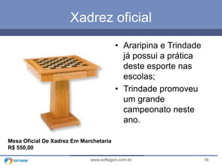 16www.softagon.com.br
Xadrez oficial
• Araripina e Trindade
já possui a prática
deste esporte nas
escolas;
• Trindade promoveu
um grande
campeonato neste
ano.
Mesa Oficial De Xadrez Em Marchetaria
R$ 550,00
 