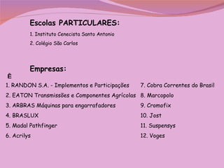 Escolas PARTICULARES: 1. Instituto Cenecista Santo Antonio 2. Colégio São Carlos Empresas:   1. RANDON S.A. - Implementos e Participações 2. EATON Transmissões e Componentes Agrícolas 3. ARBRAS Máquinas para engarrafadores 4. BRASLUX 5. Madal Pathfinger 6. Acrilys 7. Cobra Correntes do Brasil 8. Marcopolo 9. Cromofix 10. Jost 11. Suspensys 12. Voges   