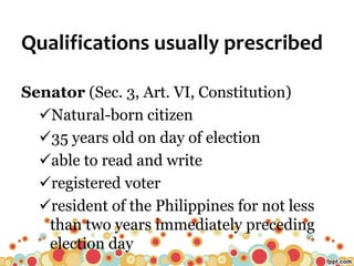 Qualifications usually prescribed
Senator (Sec. 3, Art. VI, Constitution)
Natural-born citizen
35 years old on day of election
able to read and write
registered voter
resident of the Philippines for not less
than two years immediately preceding
election day
 