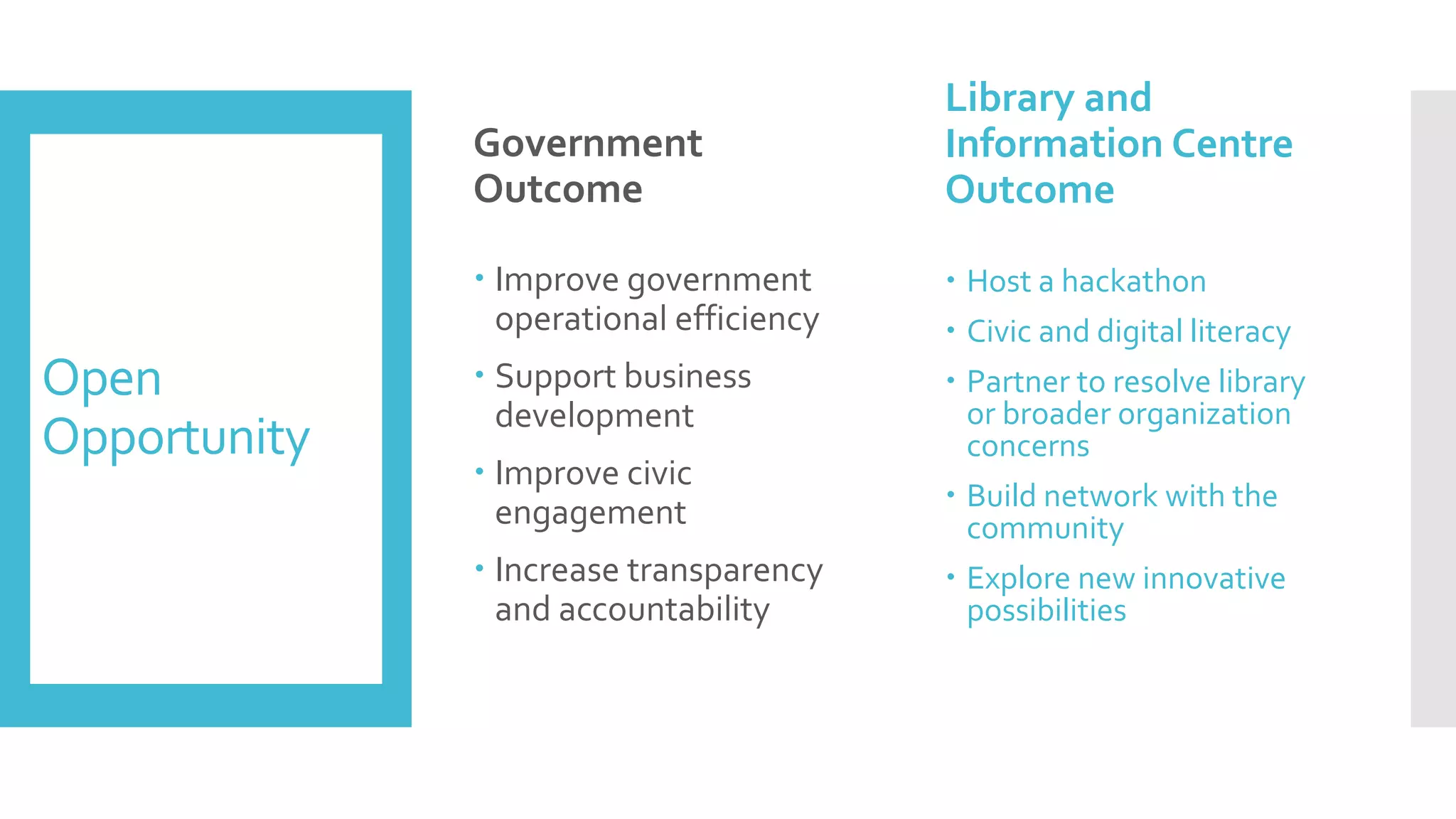 Open
Opportunity
Government
Outcome
 Improve government
operational efficiency
 Support business
development
 Improve civic
engagement
 Increase transparency
and accountability
Library and
Information Centre
Outcome
 Host a hackathon
 Civic and digital literacy
 Partner to resolve library
or broader organization
concerns
 Build network with the
community
 Explore new innovative
possibilities
 