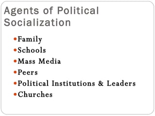 Agents of Political Socialization Family Schools Mass Media Peers Political Institutions & Leaders Churches 
