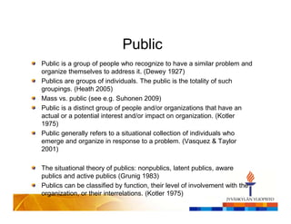 Public
Public is a group of people who recognize to have a similar problem and
organize themselves to address it. (Dewey 1...
