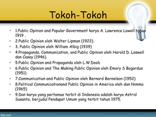 Tokoh-Tokoh
• 1.Public Opinion and Popular Government karya A. Lawrence Lowell tahun
1919 .
• 2.Public Opinion oleh Walter Lipman (1922).
• 3. Public Opinion oleh William Albig (1939)
• 4.Propaganda, Communication, and Public Opinion oleh Harold D. Laswell
dan Casey (1946).
• 5.Public Opinion and Propaganda oleh L.W.Doob
• 6.Public Opinion and The Making Public Opinion oleh Emory S Bogardus
(1951)
• 7.Communication and Public Opinion oleh Bernard Bernelson (1952)
• 8.Political Communicationand Public Opinion in America oleh dan Nimmo
(1965)
• 9.Dan karya yang pertamaa terbit di Indonesia adalah karya Astrid
Susanto, berjudul Pendapat Umum yang terbit tahun 1975.
 