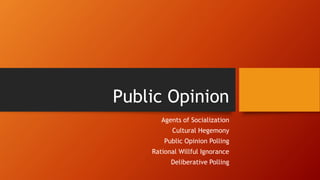 Public Opinion
Agents of Socialization
Cultural Hegemony
Public Opinion Polling
Rational Willful Ignorance
Deliberative Polling
 