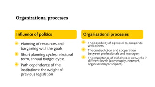 Organizational processes
Influence of politics
◉ Planning of resources and
bargaining with the goals
◉ Short planning cycles: electoral
term, annual budget cycle
◉ Path dependence of the
institutions: the weight of
previous legislation
Organisational processes
◉ The possibility of agencies to cooperate
with others
◉ The contradiction and cooperation
between professionals and managers
◉ The importance of stakeholder networks in
different levels (community, network,
organisation/participant).
 