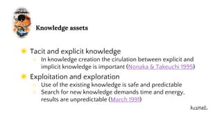 Knowledge assets
◉ Tacit and explicit knowledge
○ In knowledge creation the cirulation between explicit and
implicit knowledge is important (Nonaka & Takeuchi 1995)
◉ Exploitation and exploration
○ Use of the existing knowledge is safe and predictable
○ Search for new knowledge demands time and energy,
results are unpredictable (March 1991)
 