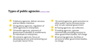 Types of public agencies (Dunleavy 1989)
◉ 1) delivery agencies, deliver services
and are labour intensive;
◉ 2) regulatory agencies, regulation of
other agencies or enterprises;
◉ 3) transfer agencies, payment of
government subsidies or entitlements
to individuals or enterprises;
◉ 4) contracts agencies, focus on
developing service and contracting out
to private-sector firms;
◉ 5) control agencies, grant provision to
other public-sector bureaucracies,
and to sub-national government
◉ 6) Taxing agencies, tax collection,
◉ 7) trading agencies, operate
commercially providing services to
other government bodies, full charge
◉ 8) servicing agencies, facilities or
services to other government bodies,
no charge
 