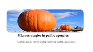 Microstrategies in public agencies
Strategic design, internal strategic scanning, strategic governance
 