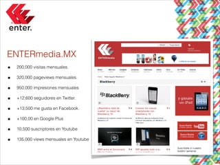 ENTERmedia.MX
•
•
•
•
•
•
•
•

200,000 visitas mensuales.
320,000 pageviews mensuales.
950,000 impresiones mensuales
+12,600 seguidores en Twitter.
+13,500 me gusta en Facebook.
+100,00 en Google Plus
10,500 suscriptores en Youtube
135,000 views mensuales en Youtube

 