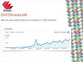 ENTERmedia.MX
Mes con mes nuestro tráﬁco se incrementa un 12.5% promedio.

 