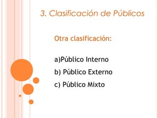 3. Clasificación de Públicos


   Otra clasificación:
                   
   a)Público Interno
   b) Público Externo
   c) Público Mixto
 