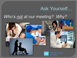 Who’s not at our meeting? Why? 
The Wise Economy 
Workshop 
5 
 