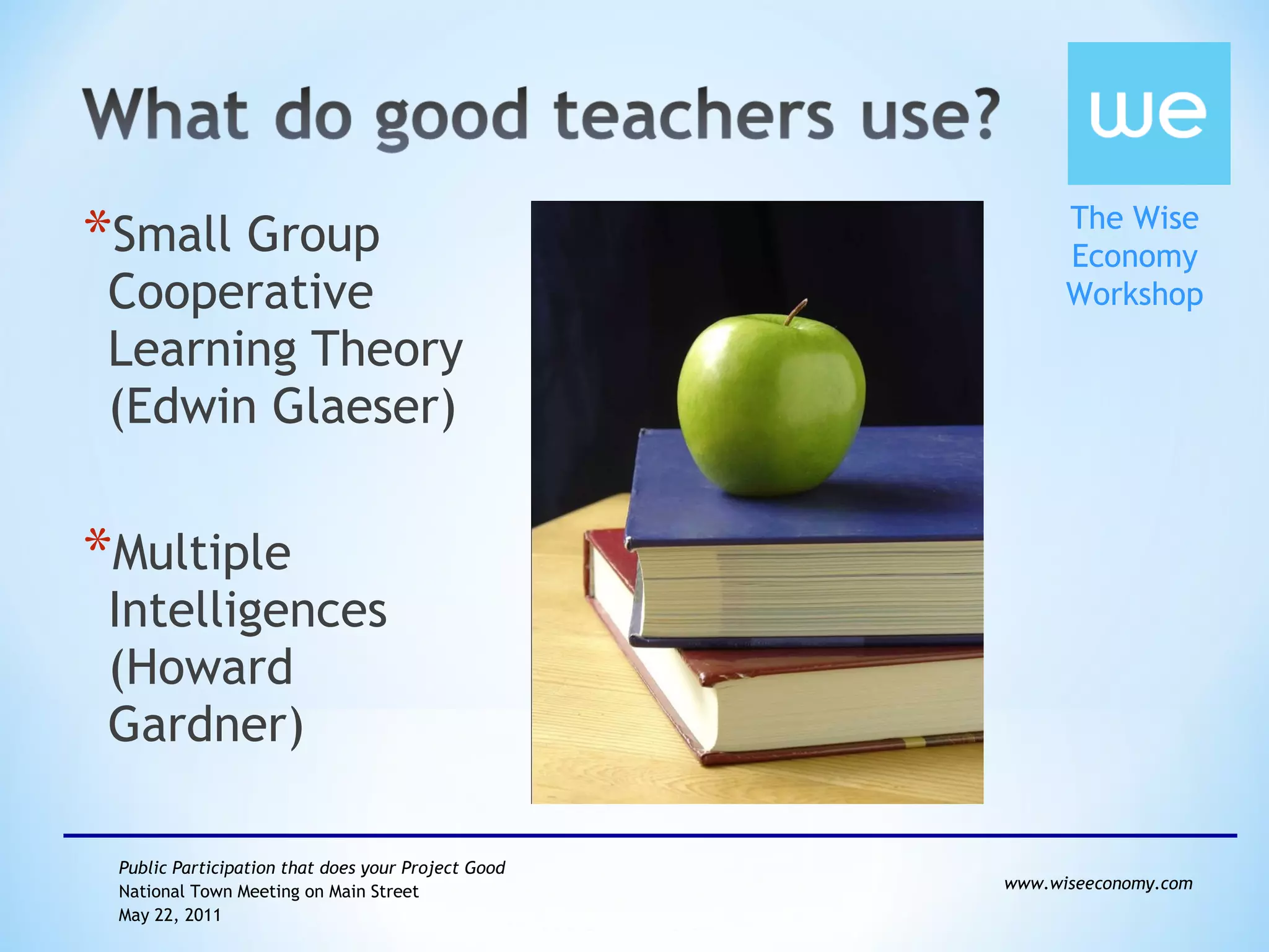 Small Group Cooperative Learning Theory (Edwin Glaeser) Multiple Intelligences (Howard Gardner)   