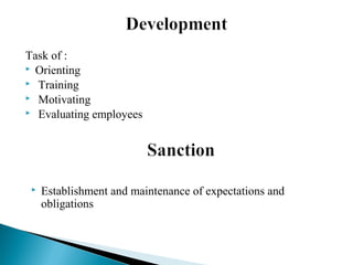 Task of :
 Orienting
 Training
 Motivating
 Evaluating employees
 Establishment and maintenance of expectations and
obligations
 